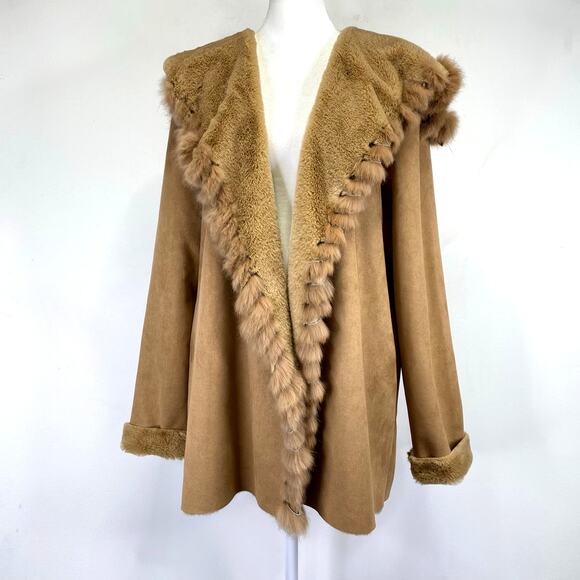 LOVE TOKEN Faux Fur & Suede Coat Tan Open Front Rabbit Hair Trim Womens L Boho - Picture 1 of 11